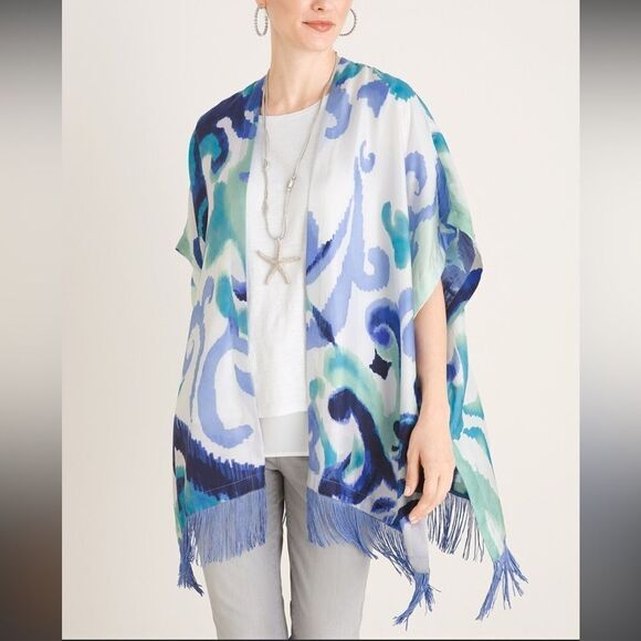 Chico’s Silk Fringe Trim Whimsical Scroll Ruana Wrap One Size - Picture 1 of 8